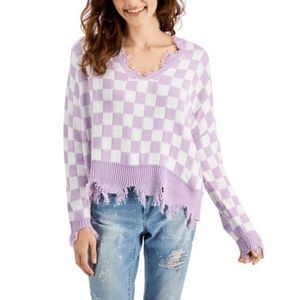 JUST Polly Juniors' Checkered-print Destructed Sweater In Orchid Bloom Size L